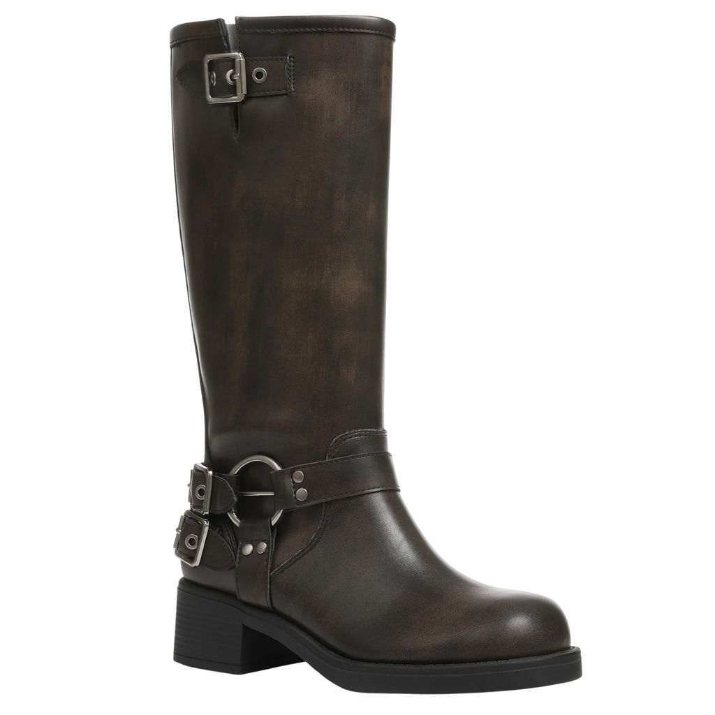 Aminugal Brown Knee High Boots Women Square Toe Pull On Boots Wide Calf Riding Boots Fashion Buckles Chunky Boots Metallic Casual Vintage Buckle Rivet Boots Size 10