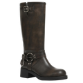 Aminugal Brown Knee High Boots Women Square Toe Pull On Boots Wide Calf Riding Boots Fashion Buckles Chunky Boots Metallic Casual Vintage Buckle Rivet Boots Size 10