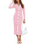 Btfbm Women Casual Long Sleeve Dress Fall Dresses 2024 Striped Midi Dresses Decorative Button Ribbed Knit Dressespinksmall