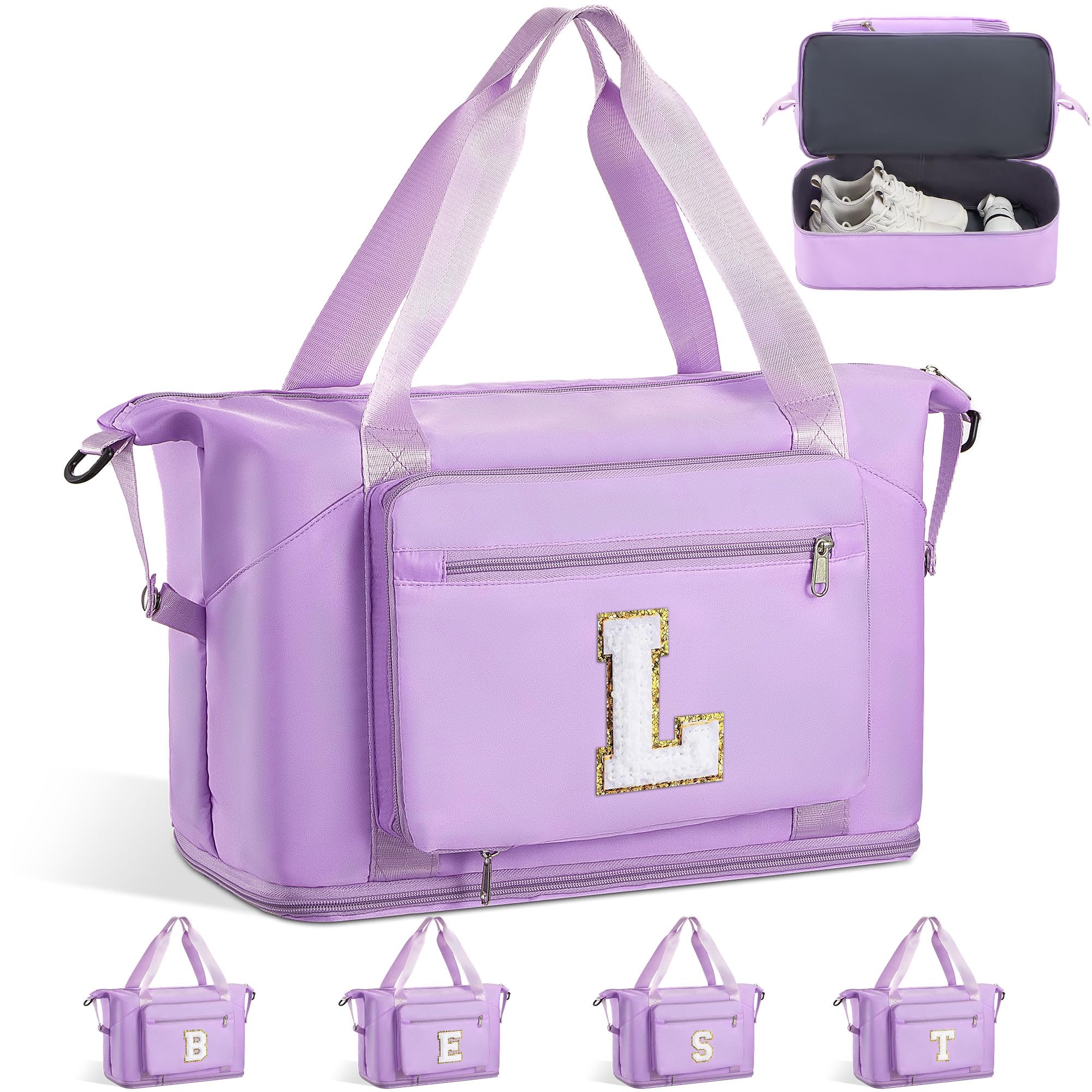 Teen Girl Gifts Trendy Stuff-Initial Duffle Bag for Travel Carry on Bag Duffel Bags GYM Weekend Overnight Bag with Shoes CompartmentHospital Bags for Women-Purple L