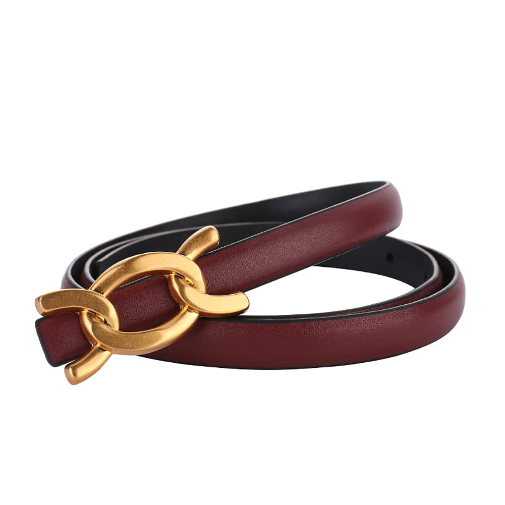 SPOMUNT Womens Thin Belts Skinny Leather Dress Belt Gold Double C Buckle for Jeans Pants (Wine Red 115cm(Fits pants size 34"-41"))