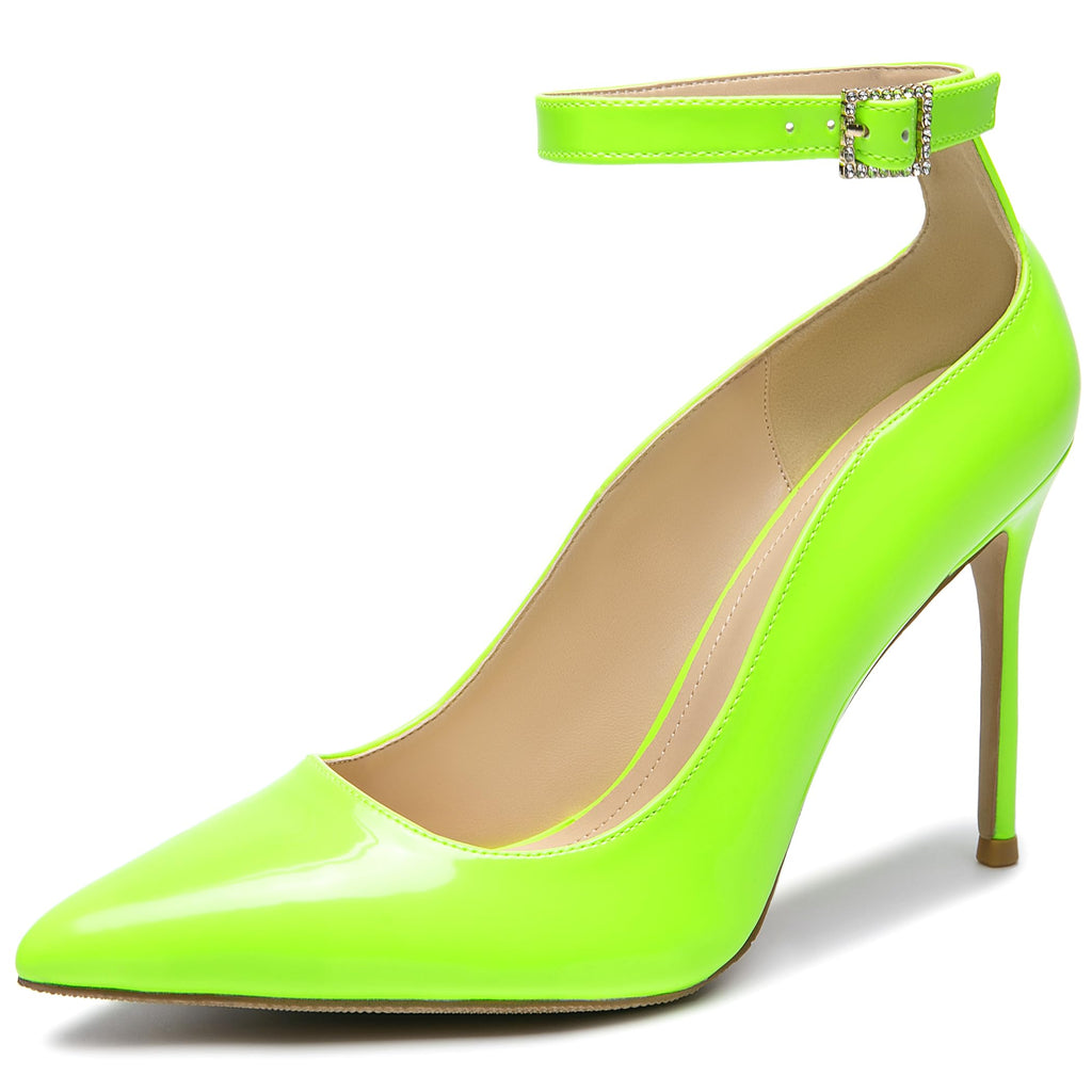 Womens 4 Inch Pumps Closed Pointy Toe Wedding Dress Shoes Ankle Strap Stiletto Pumps Patent Yellow Size 10.5