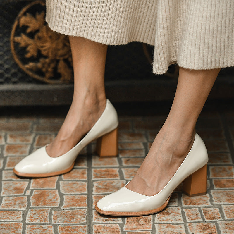 Women's Ivory Patent Leather Chunky Heel Pumps
