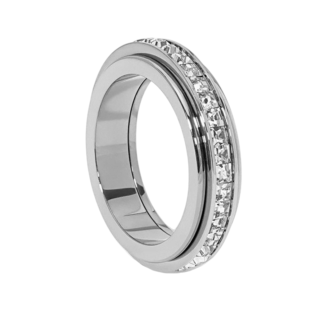 Pingyongchang Anxiety Rings Titanium Steel Spinner Fidget Band Rings for Women Ladies Cubic Zirconia Relieving Anxiety Wedding Promise Lucky Statement Rings-6