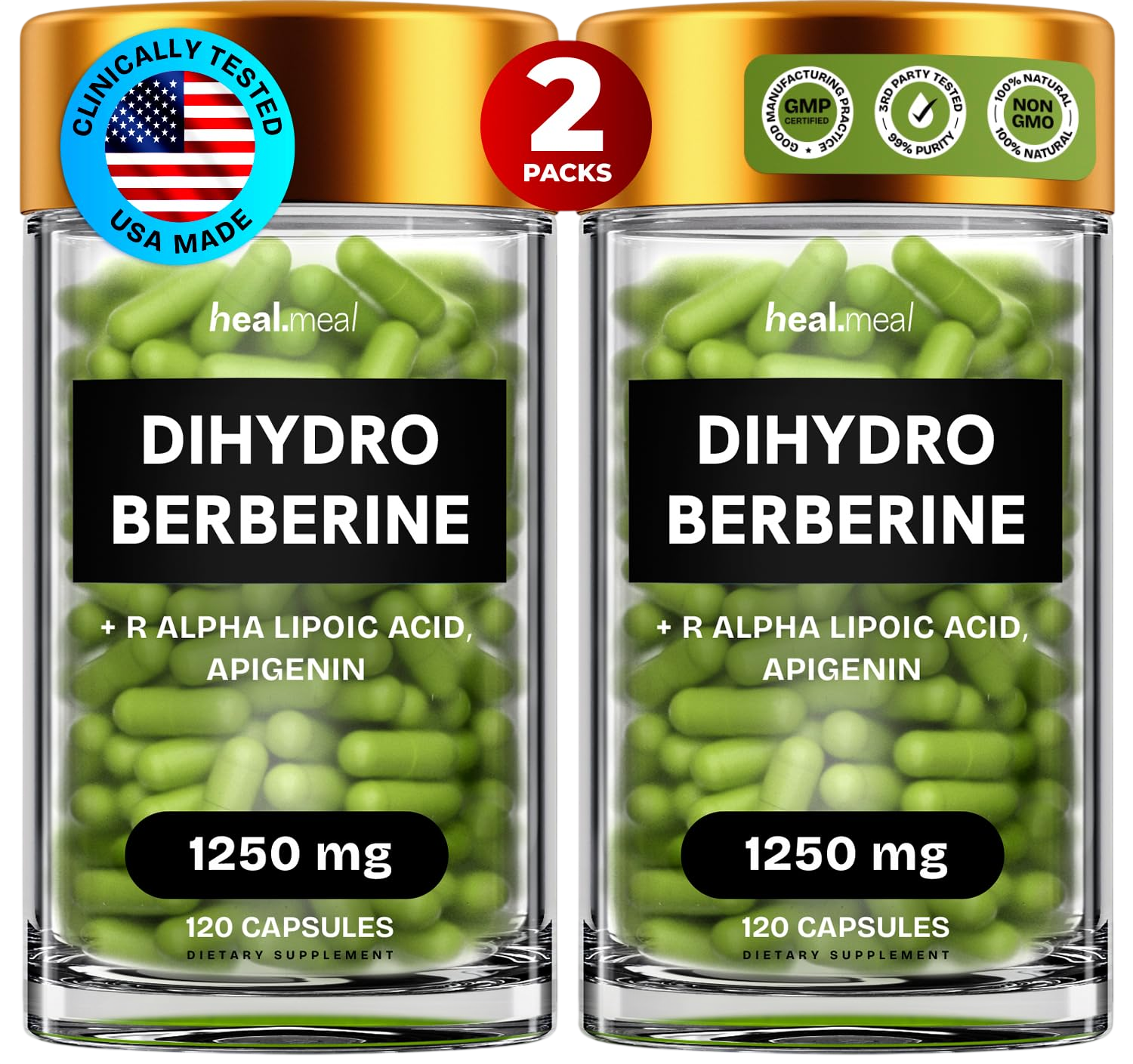 Healmeal 1250Mg Dihydroberberine Supplement Dehydro Berberine Supplement Super Berberine Supplement With Apigenin R Alpha Lipoic Acid Hydroberberine 240 Caps 2 Packs
