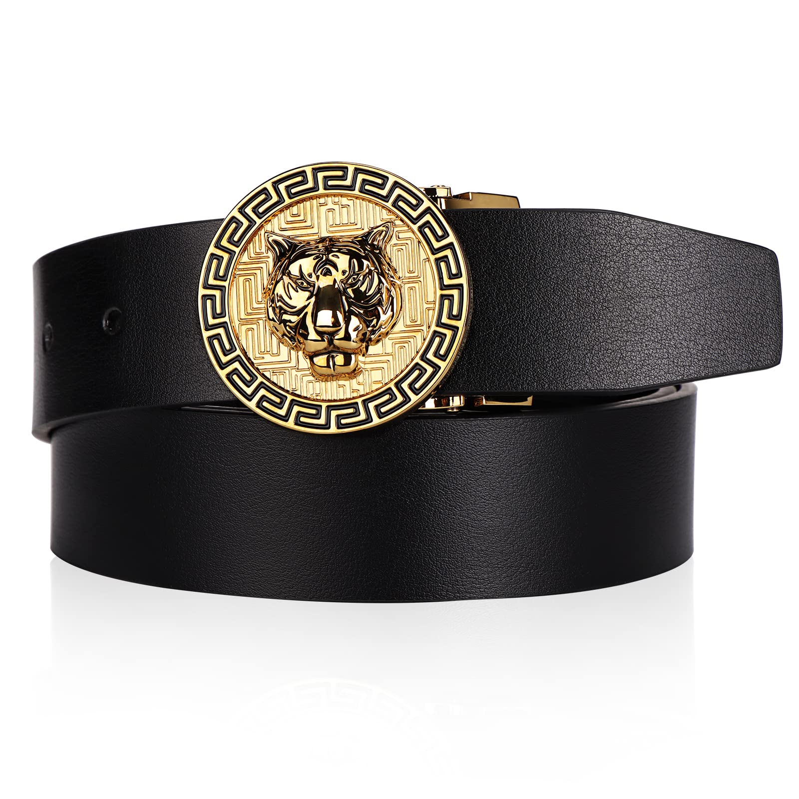 JEKIXHUA Mens Luxury Gold Tiger Buckle Cowhide Leather Dress Belt fit 44" Adjustable (Tiger 1 22" - 42" Waist Adjustable)