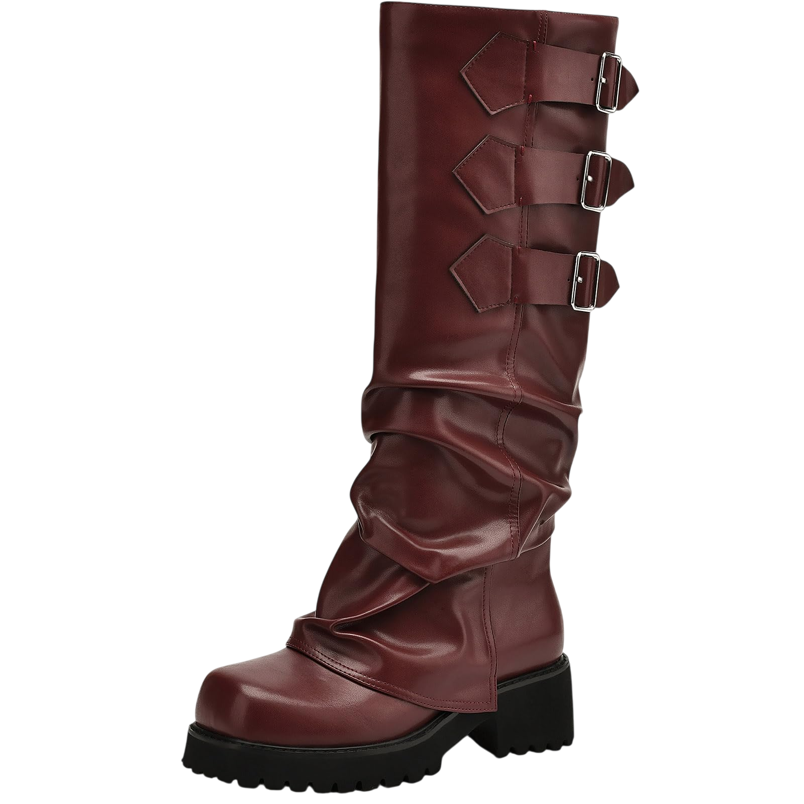 Aiuniind Knee High Boots For Women Fold Over Boots Slouchy Square Toe Biker Boots Platform Riding Boots Gothic Moto Buckle Boots Burgundy 7