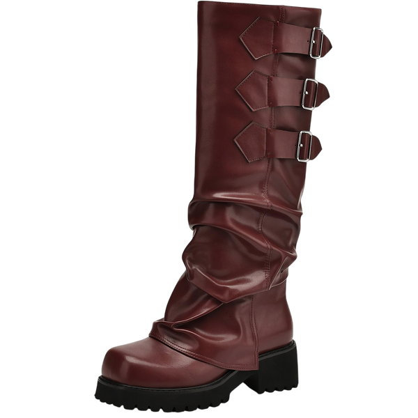 AIUNIIND Knee High Boots for Women Fold Over Boots Slouchy Square Toe Biker Boots Platform Riding Boots Gothic Moto Buckle Boots Burgundy 7