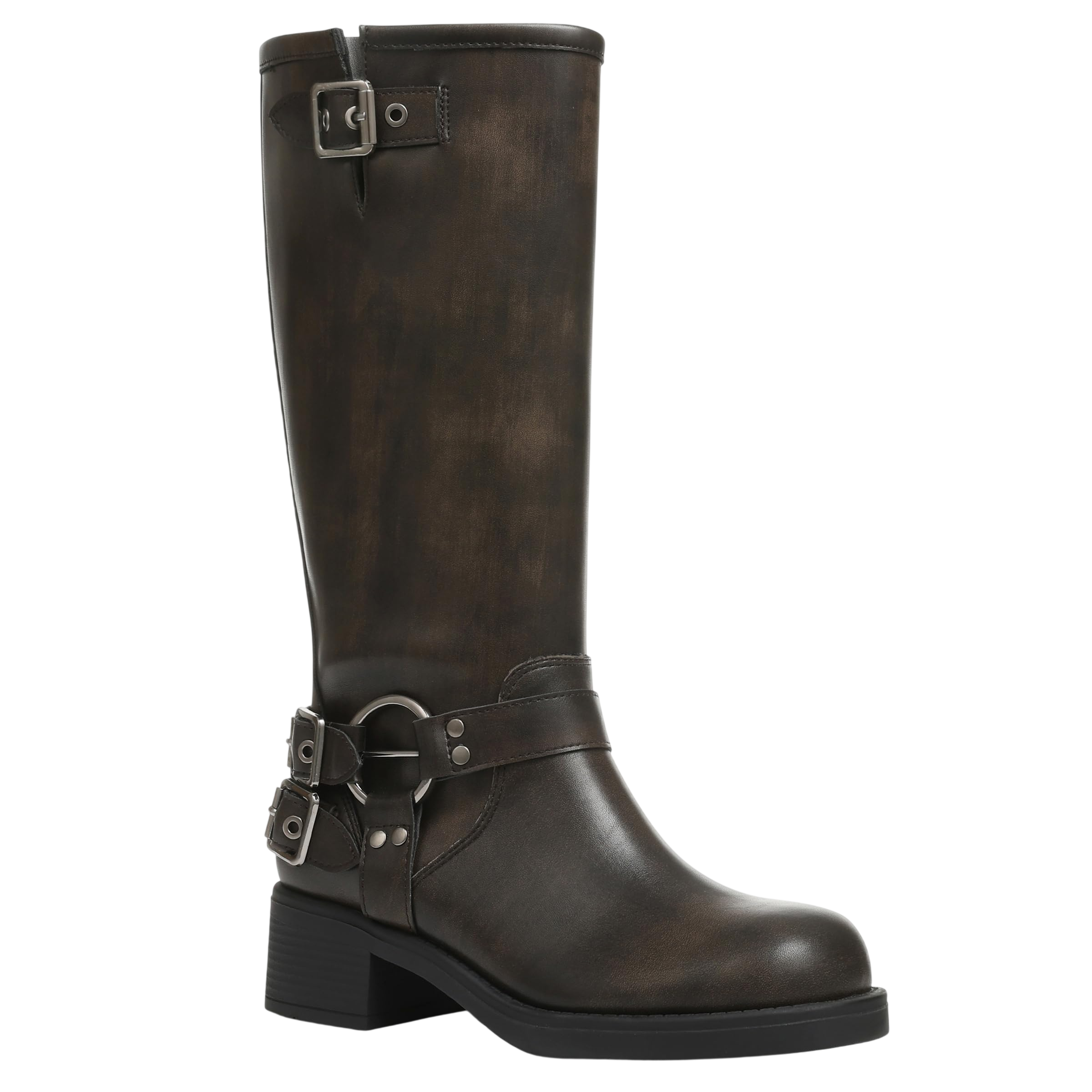 Aminugal Brown Knee High Boots Women Square Toe Pull On Boots Wide Calf Riding Boots Fashion Buckles Chunky Boots Metallic Casual Vintage Buckle Rivet Boots Size 10