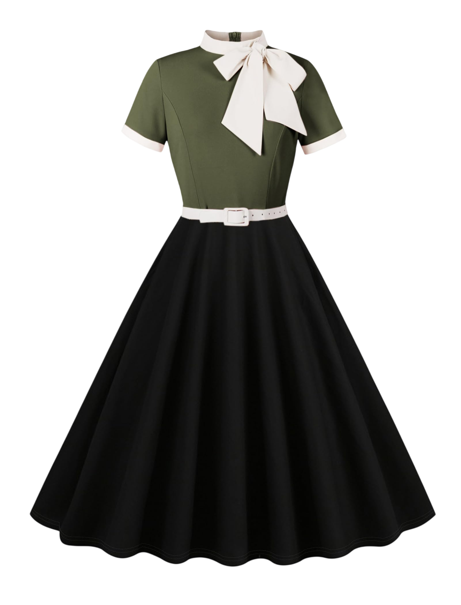 50S Style Dresses For Women Vintage Short Sleeve Tie Neck Swing Dress 1950S Dresses Contrast Color 50S Dresses For Women Retro Audrey Hepburn Church Dresses Tea Party Dress Army Green 2Xl