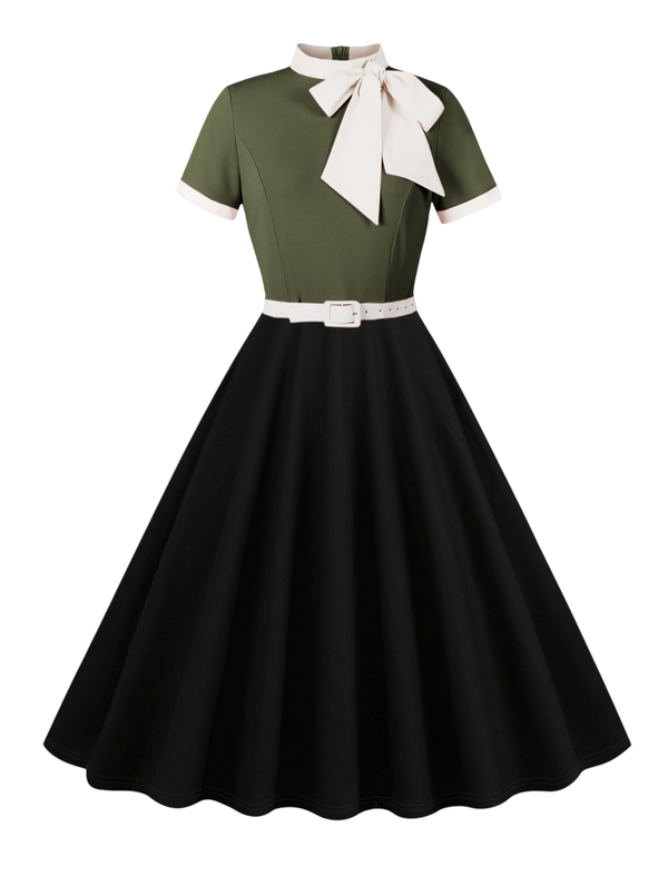 50s Style Dresses for Women Vintage Short Sleeve Tie Neck Swing Dress 1950s Dresses Contrast Color 50s Dresses for Women Retro Audrey Hepburn Church Dresses Tea Party Dress Army Green 2XL