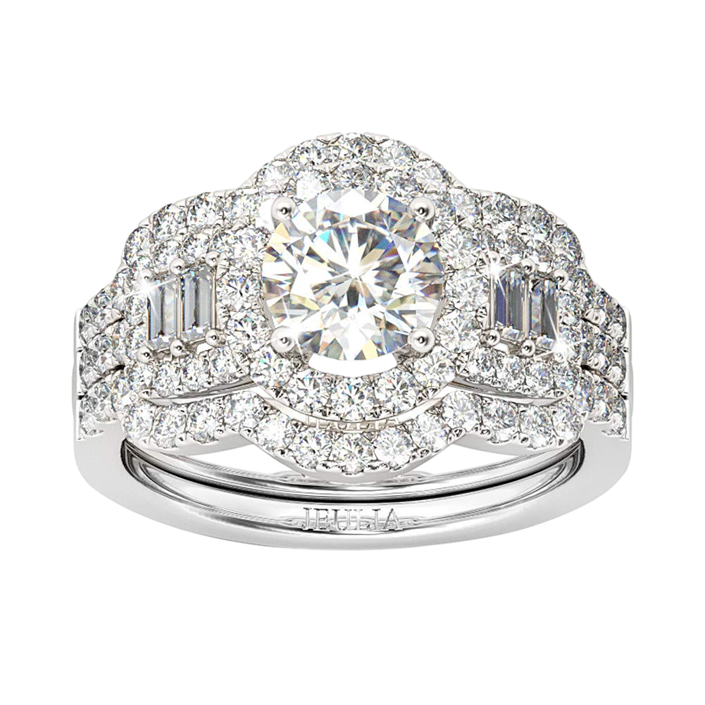 Jeulia 2 Carat Engagement Halo Rings for Women Sterling Silver Round Cut Bridal Set Cubic Zirconia Wedding Diamond Band Rings Promise Anniversary Rings for Her (Silver 10)