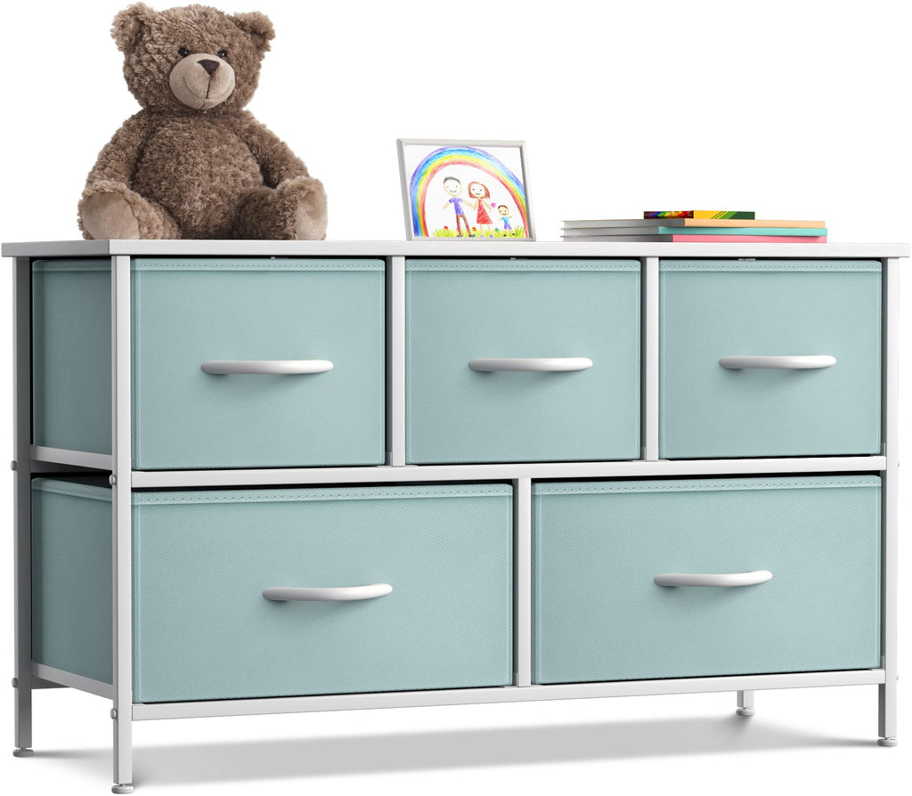 Sorbus Kids Dresser with 5 Drawers - Storage Chest Organizer Unit with Steel Frame Wood Top Easy Pull Fabric Bins - Long Wide TV Stand for Bedroom Furniture Hallway Closet & Office Organization