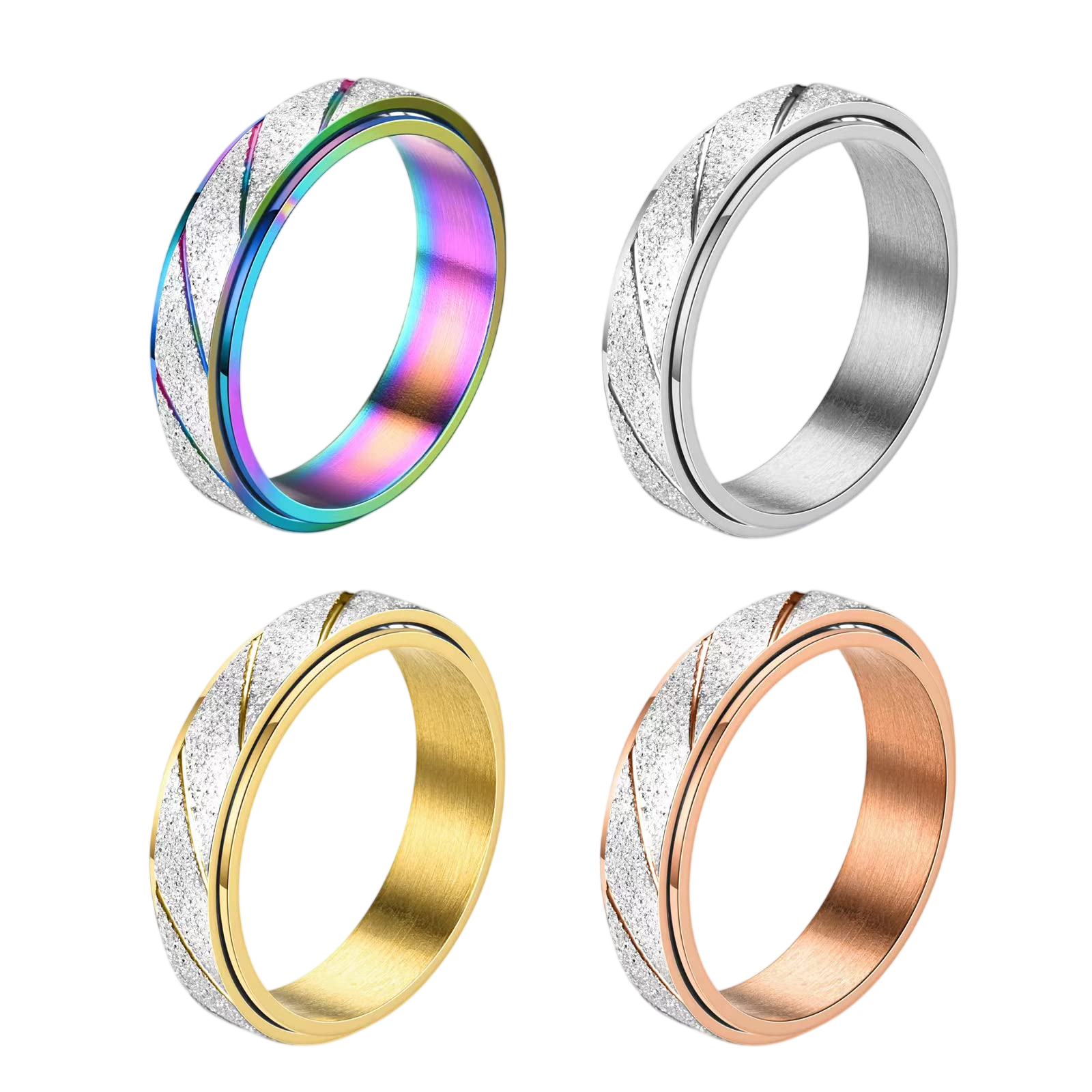 fekang Anxiety Rings Fidget Rings for Women Stress Relief Spinner Rings for Anxiety Stress Rings 4Pcs 6MM Titanium Steel Rings Size 5-12 (7 6mm spinner rings 4pcs/ Frosted+Diagonal)