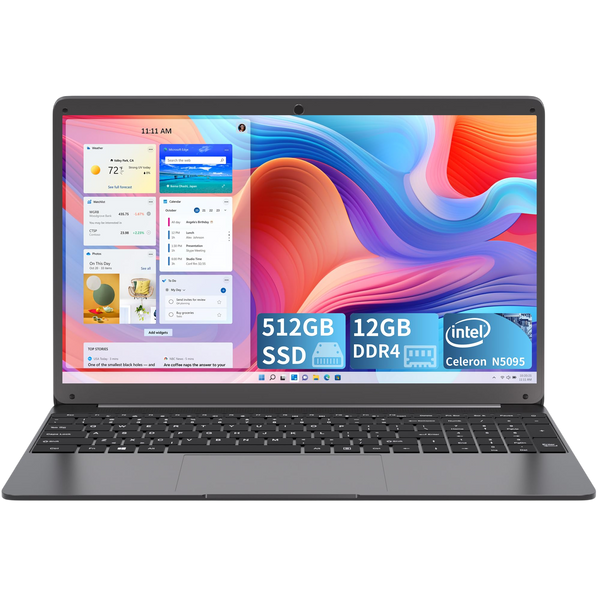 SGIN 15.6 Inch Laptop 12GB RAM 512GB SSD Laptops Computer with Celeron N5095 Quad-Core CPU 2*USB 3.2 2.4G/5G WiFi 1920 * 1080 IPS FHD Display BT 4.2 Mini HDMI Type-C 53200mWH Battery