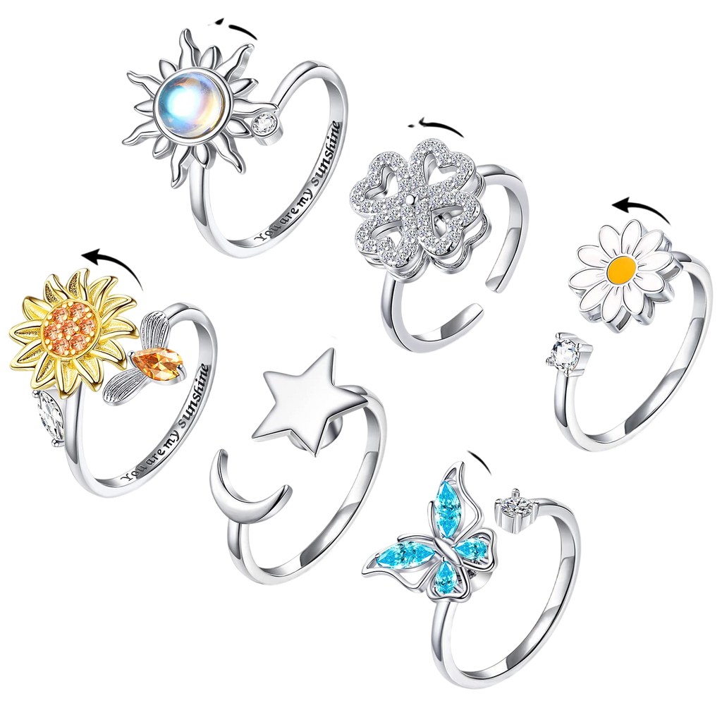 FUNEIA 6Pcs Fidget Ring for Women Anti-Anxiety Rings Adjustable Open Stackable Spinner Rings Set