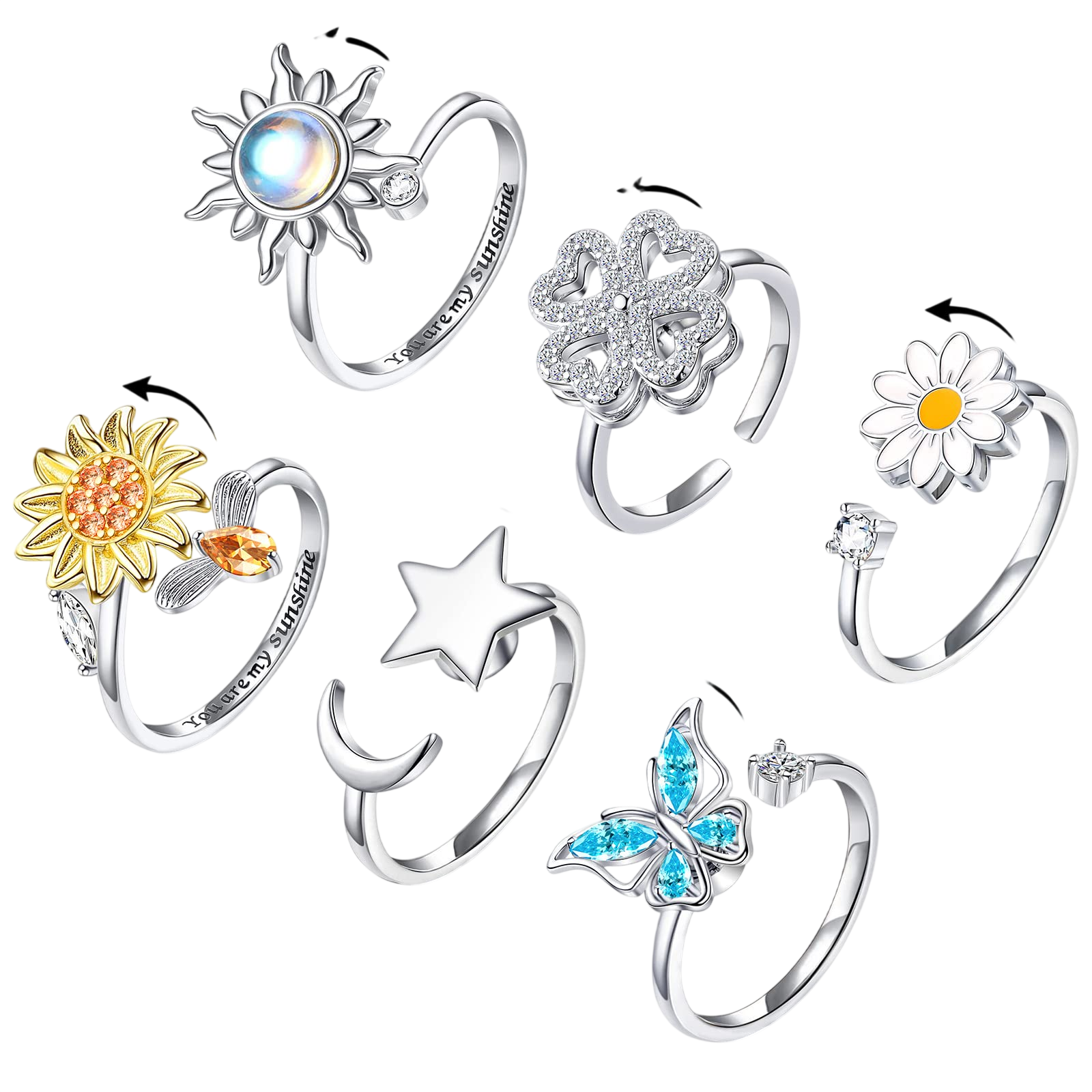 FUNEIA 6Pcs Fidget Ring for Women Anti-Anxiety Rings Adjustable Open Stackable Spinner Rings Set