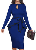 MOJICK Peplum Pencil Dress for Women Keyhole Crew Neck Long Sleeve Dark Blue Cocktail Party Dresses with Zipper Belt