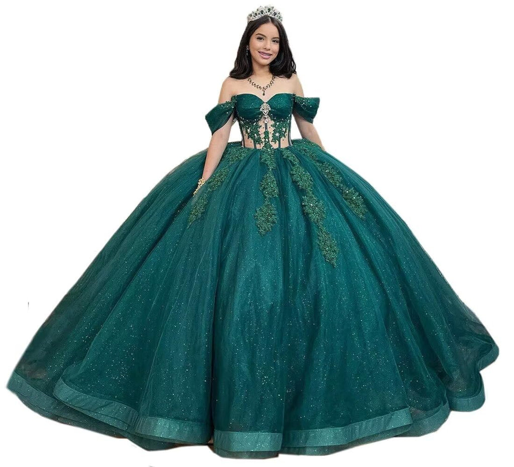 Mouccy Glitter Dark Green Quinceanera Dresses Ball Gown Tulle Beaded Prom Dresses Glitter Pearly Sweet15 16 Birthday Dresses for Teens 6
