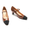 C.Paravano Mary Jane Pumps Womens Pumps Splicing Almond Toe Block Heels Adjustable Strap Pump Shoes (Brown8.5)