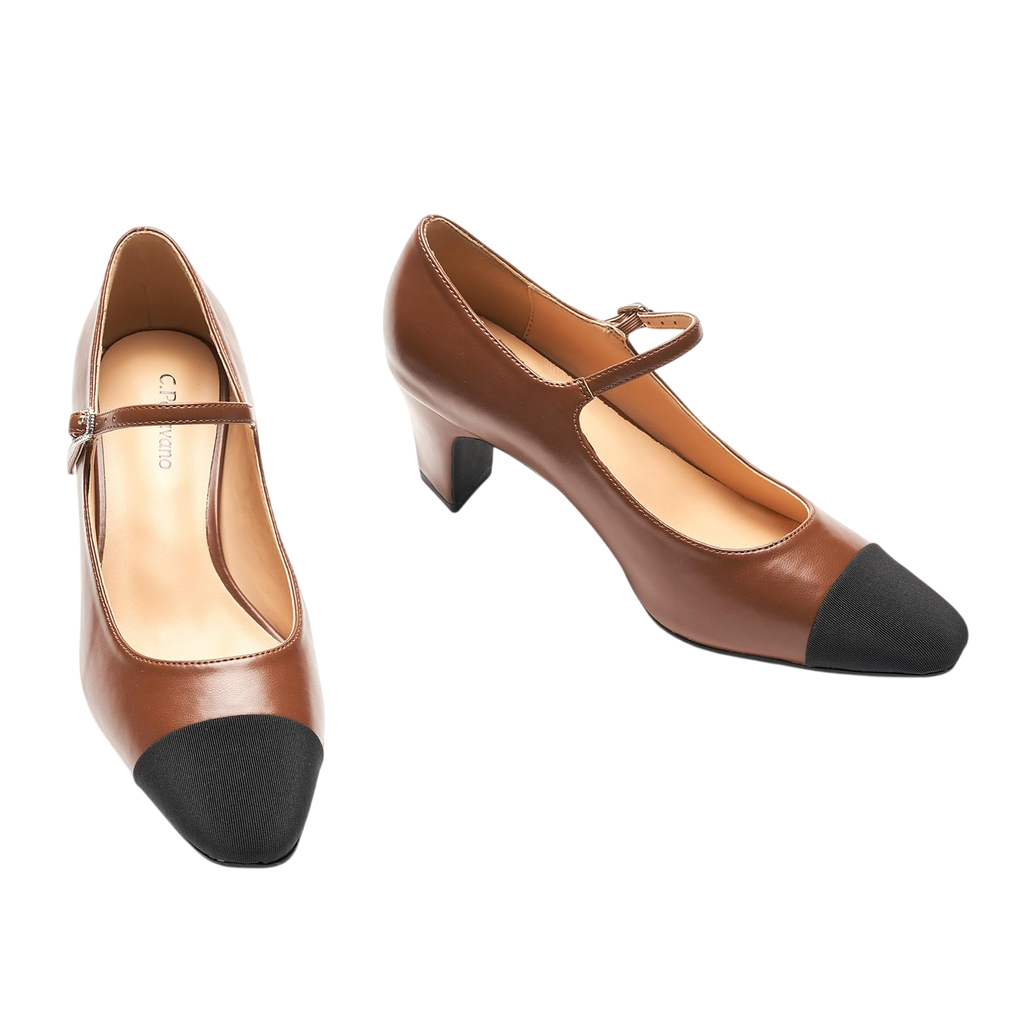 C Paravano Mary Jane Pumps Womens Pumps Splicing Almond Toe Block Heels Adjustable Strap Pump Shoes Brown8 5