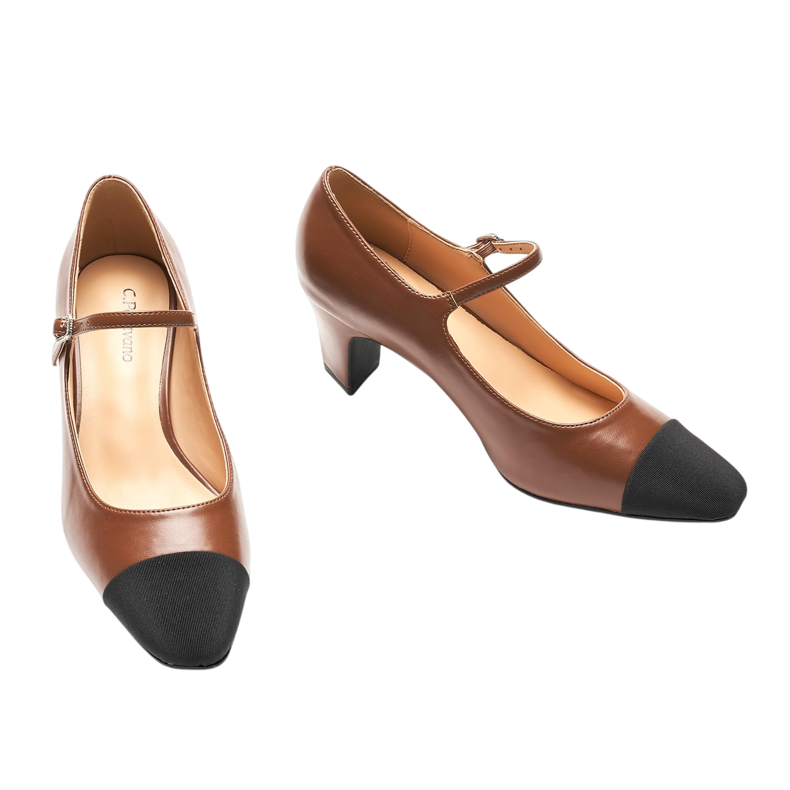 C Paravano Mary Jane Pumps Womens Pumps Splicing Almond Toe Block Heels Adjustable Strap Pump Shoes Brown8 5