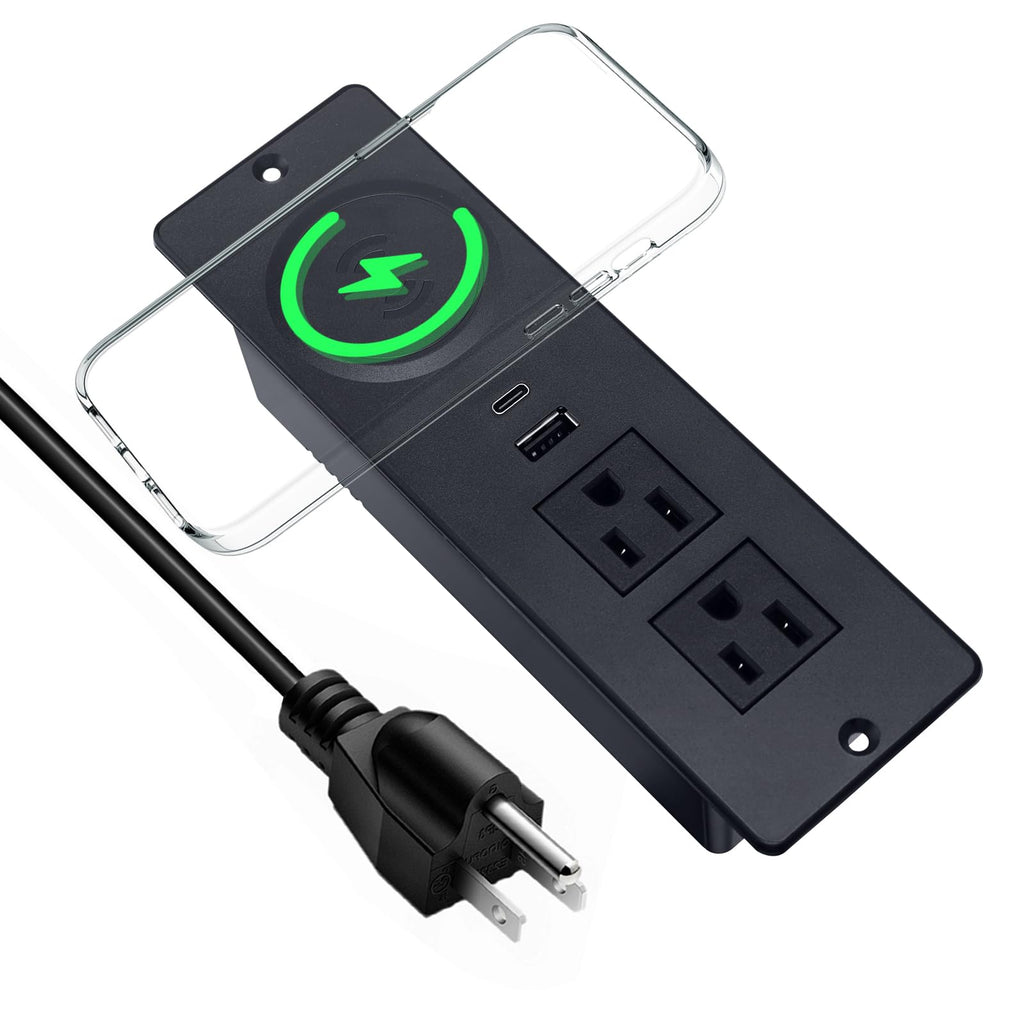 Recessed Power Strip with 15W Wireless ChargerFurniture Recessed Outlet with USB C Fast ChargingDesktop Charging Station & 2 Outlets2 USB Ports Table Power Strip for Furniture Home Office.