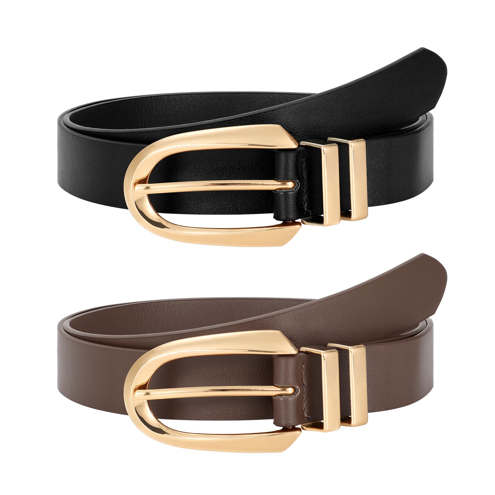 JASGOOD Women Leather Belt Fashion Waist Belt for Pants Jean Ladies Faux Leather Dress belt with Gold Buckle 2 PackBlack+Coffee