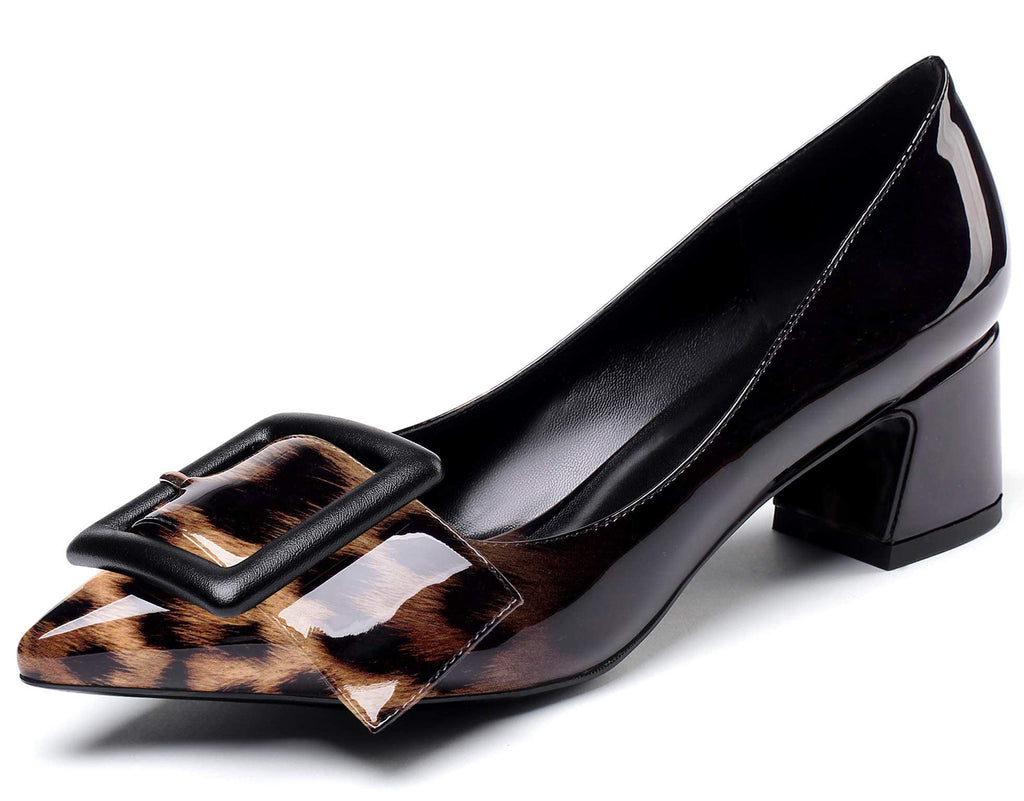 YODEKS Womens Pointed Toe Pumps Mid Heels 2 Inch Block Heel Chic Bow Tie Knot Pumps Comfort Black Inside Pumps Slip On Shoes for Wedding Office Dress Black Leopard US 9R