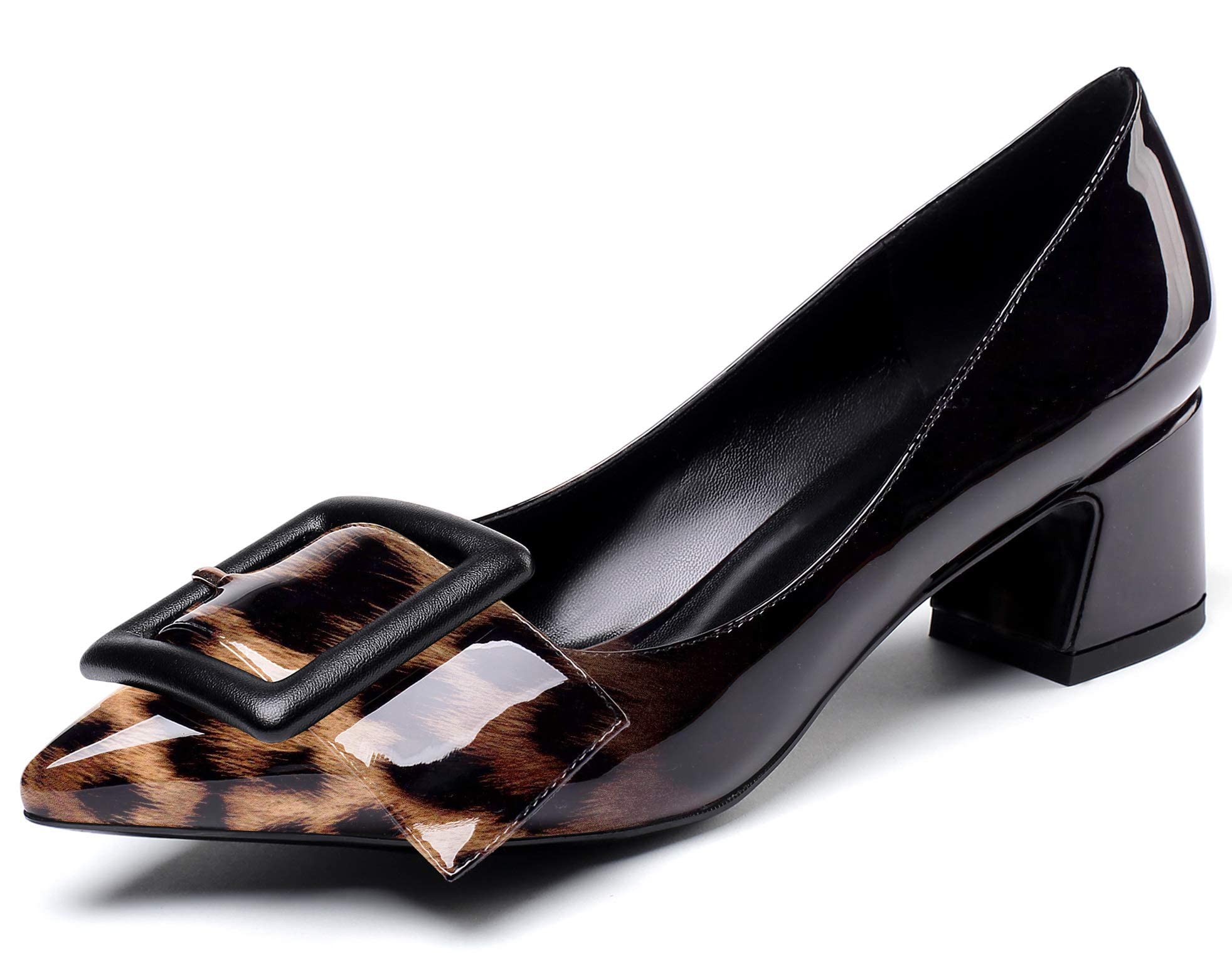 YODEKS Womens Pointed Toe Pumps Mid Heels 2 Inch Block Heel Chic Bow Tie Knot Pumps Comfort Black Inside Pumps Slip On Shoes for Wedding Office Dress Black Leopard US 9R