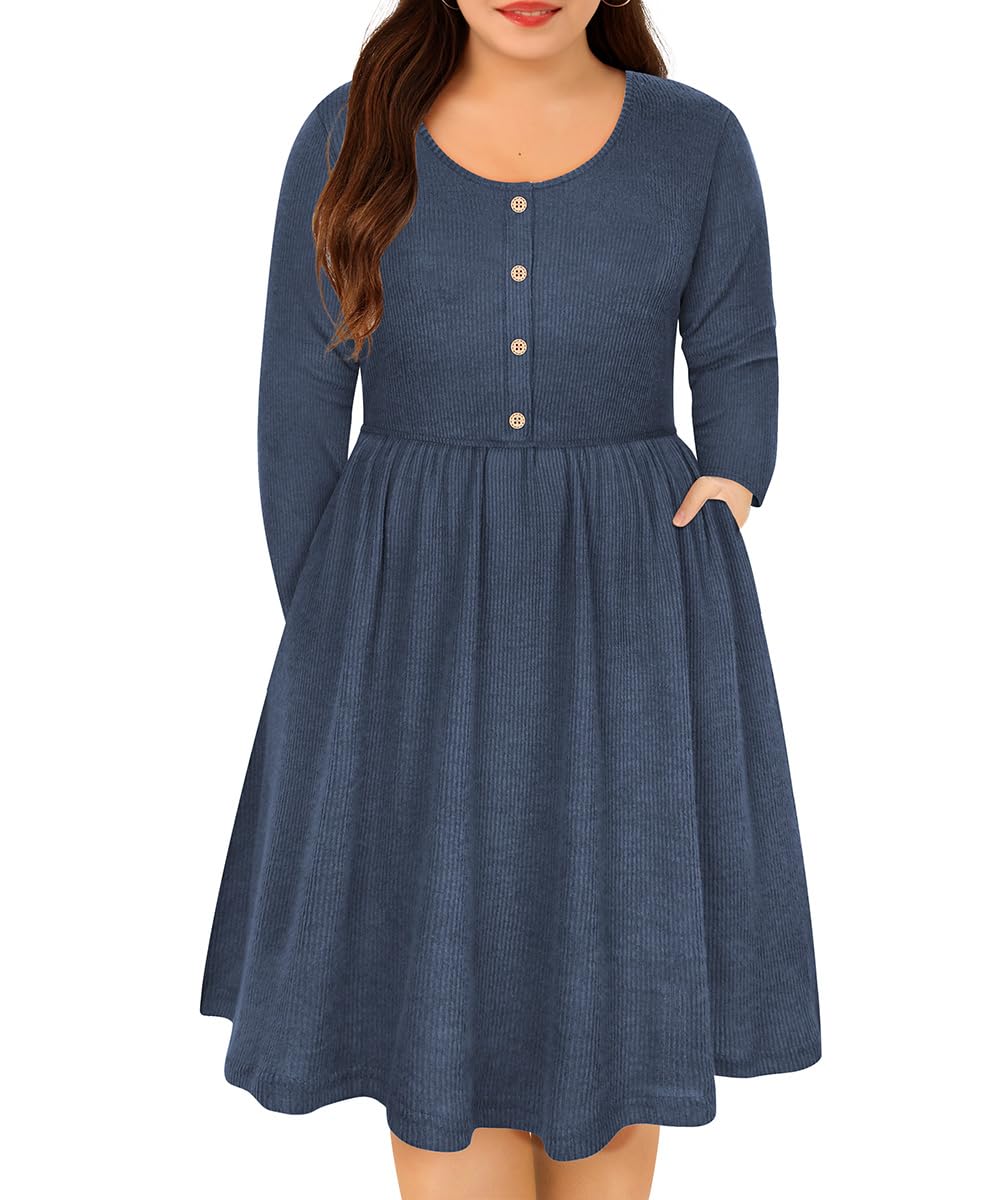 RITERA Womens Plus Size Dresses Long Sleeves Sweater Dress Crewneck Wedding Guest Dresses for Women Casual Ribbed Knit Evening Dresses Blue Knee Length Party Dresses with Pockets 3XL 22W 24W