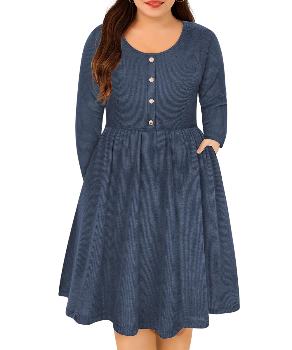 Ritera Womens Plus Size Dresses Long Sleeves Sweater Dress Crewneck Wedding Guest Dresses For Women Casual Ribbed Knit Evening Dresses Blue Knee Length Party Dresses With Pockets 3Xl 22W 24W