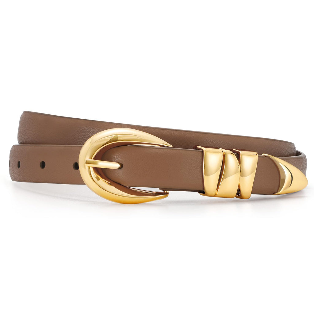XZQTIVE Womens Skinny Leather Belts Ladies Thin Waist Belts for Jeans Dress Pants Trendy Black Belt with Gold Buckle