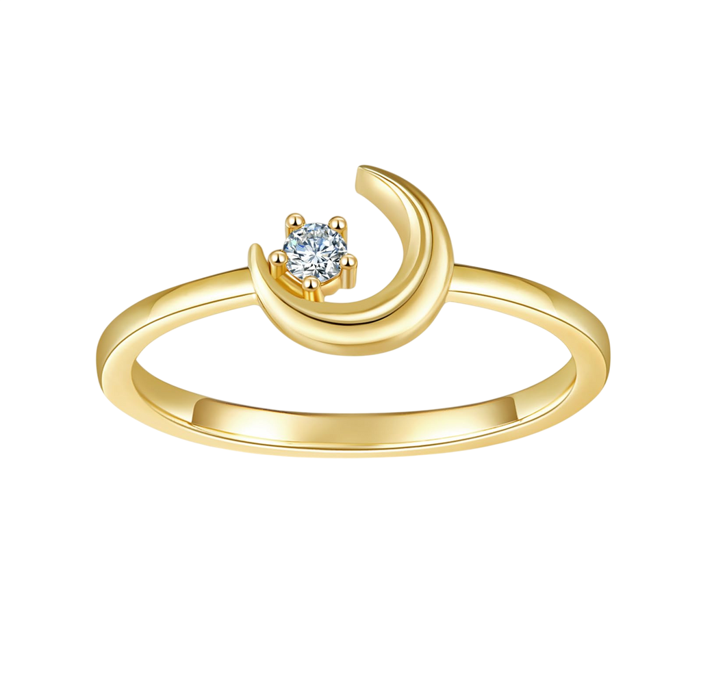 MINDDHA 14K Gold Plated Rings- Cubic Zirconia Simulated Diamond Band Ring- Crescent Moon Star Rings/Gold Rings for Women- 2mm Band Size 11