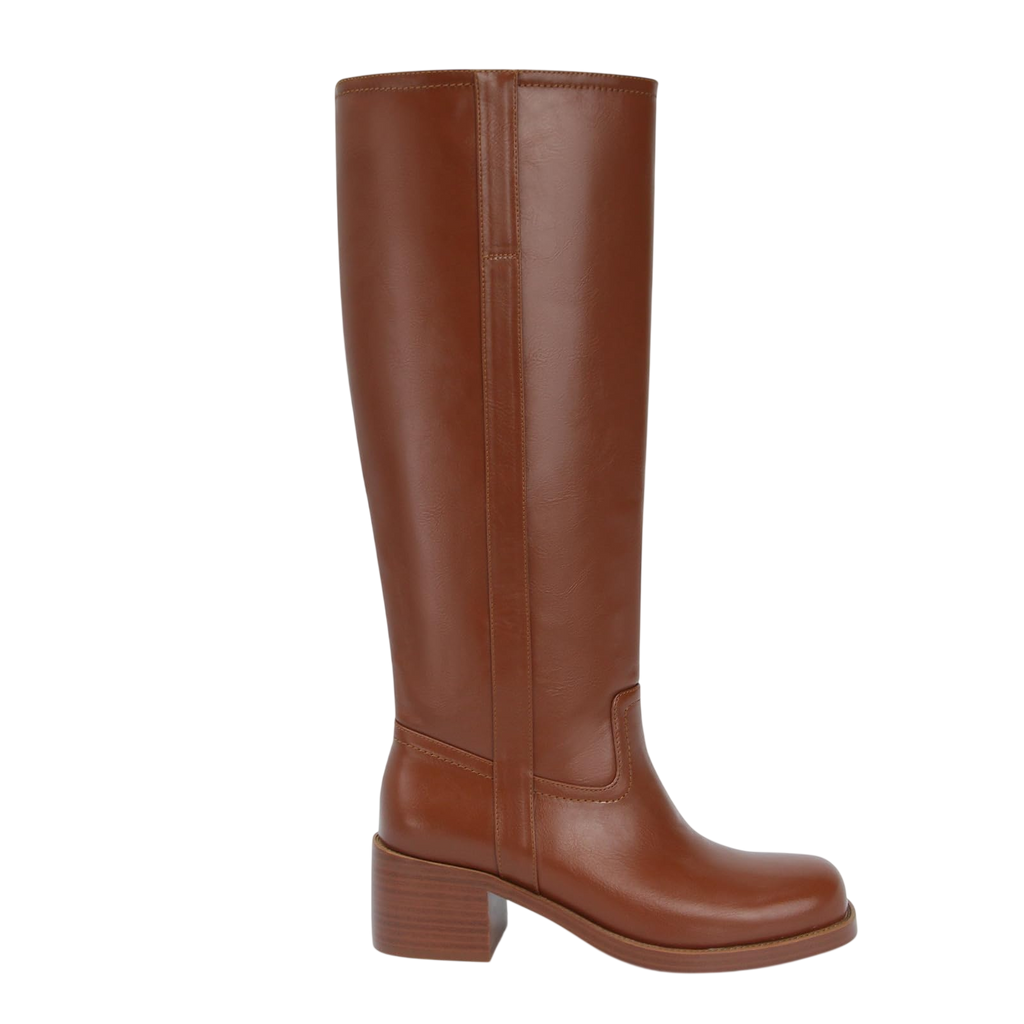 Gothictor Brown Knee High Boots For Women Comfortable Chunky Heel Square Toe Riding Moto Tall Boots Wide Calf