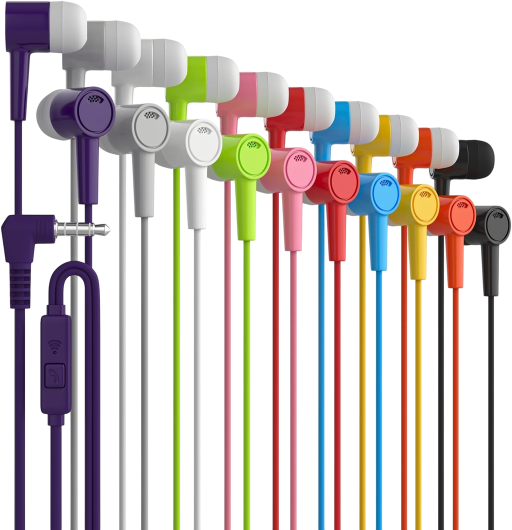 Maeline Bulk Earbuds 10 Pack in-Ear Stereo Headphones for School Classroom Library Travel Gym Tangle-Free in-Line Microphone Earbuds for Phones Tablets Laptops Computer 3.5mm Jack Multi Color