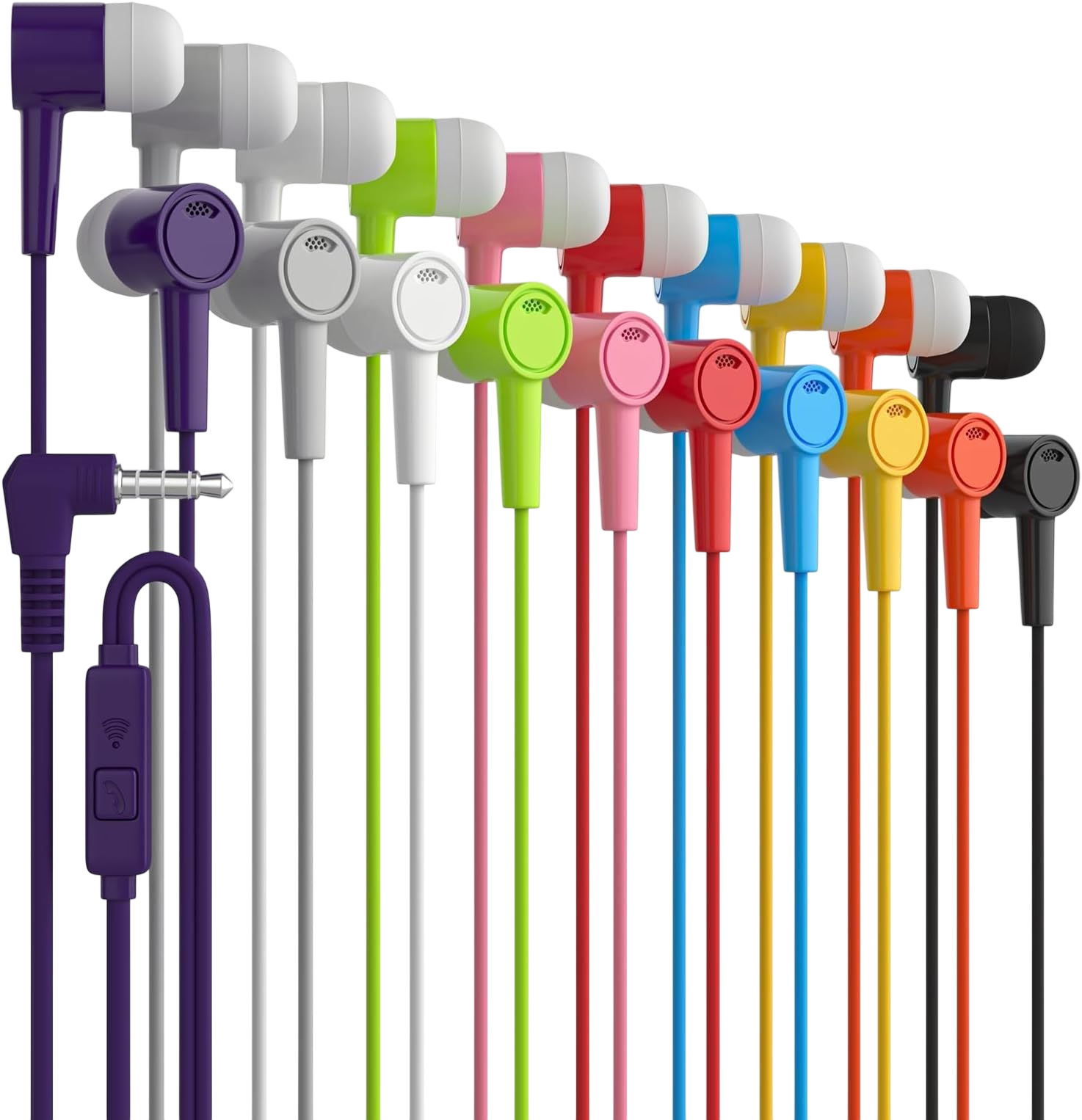 Maeline Bulk Earbuds 10 Pack in-Ear Stereo Headphones for School Classroom Library Travel Gym Tangle-Free in-Line Microphone Earbuds for Phones Tablets Laptops Computer 3.5mm Jack Multi Color