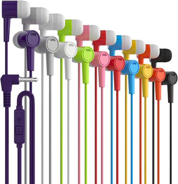 Maeline Bulk Earbuds 10 Pack in-Ear Stereo Headphones for School Classroom Library Travel Gym Tangle-Free in-Line Microphone Earbuds for Phones Tablets Laptops Computer 3.5mm Jack Multi Color