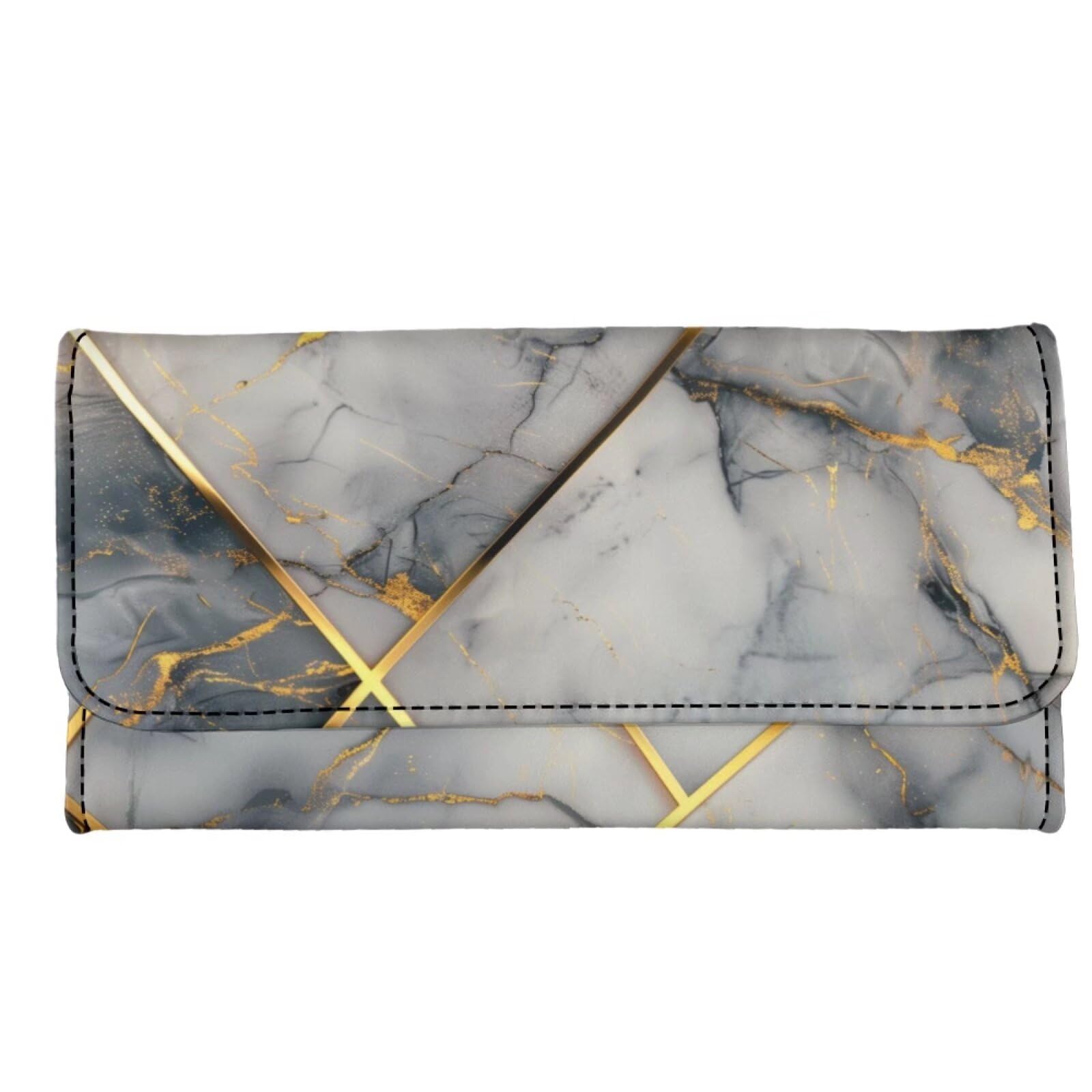 Binienty Womens Wallets PU Leather Gray MarbledWater Ripple Wallets for Women Multiple Card Slots Ladies Long Wallet Card Holders Three Fold Clutch Purses Wallets