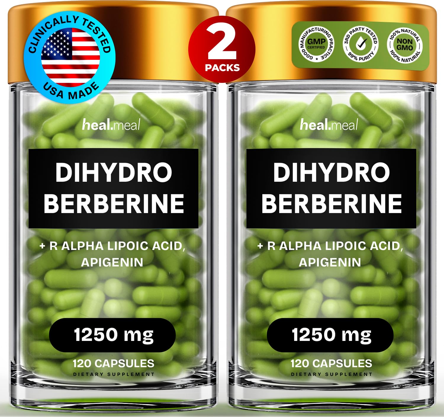 HealMeal 1250MG Dihydroberberine Supplement - Dehydro Berberine Supplement - Super Berberine Supplement with Apigenin & R Alpha Lipoic Acid - Hydroberberine 240 caps (2 Packs)