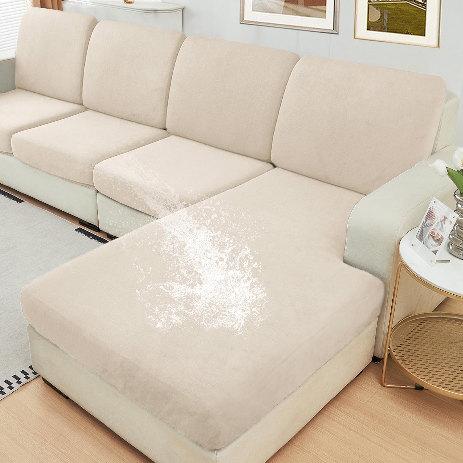 NAISI Waterproof Couch Cushion Covers Thick Velvet Fabric Washable Sofa Slipcovers Sectional Couch Covers for 3 Pieces Separate L Shape Couch Cover with Elastic Bottom(2 Seater + 1 ChaiseBeige)