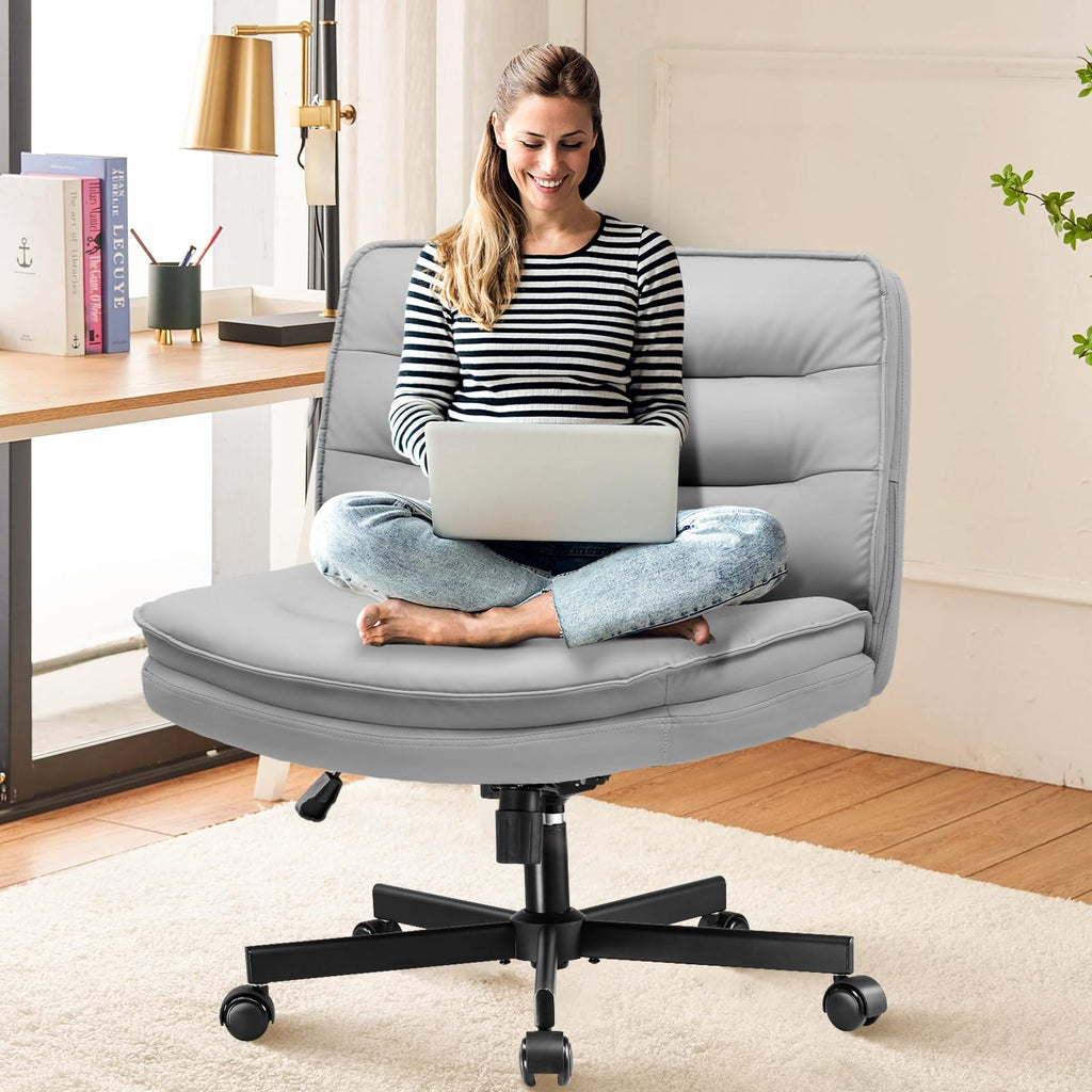 EXRACING Criss Cross Chair with Wheels Armless Cross Legged Office Chair Wide Home Office Desk Chair Swivel Comfy Vanity Desk Chair Height Adjustable Mid Back Wide Seat Computer Task Chair