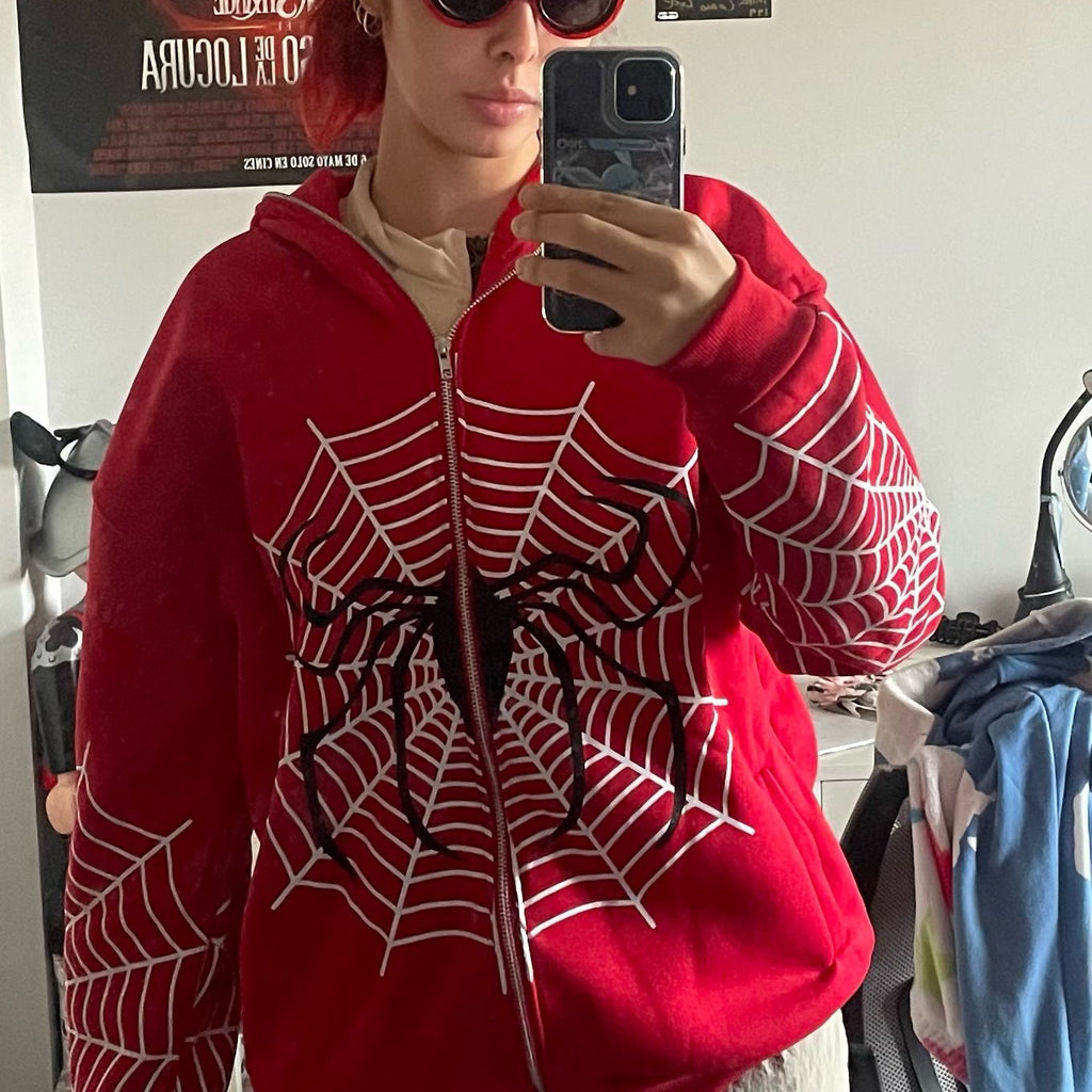 Autumn Winter Spider Web Printed Full Zip Hoodie