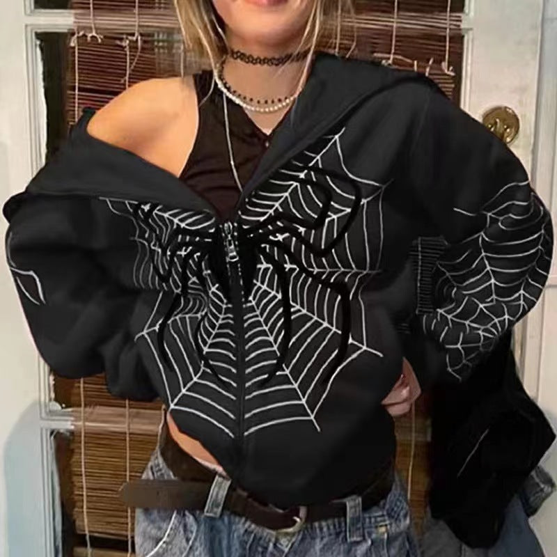 Autumn Winter Spider Web Printed Full Zip Hoodie