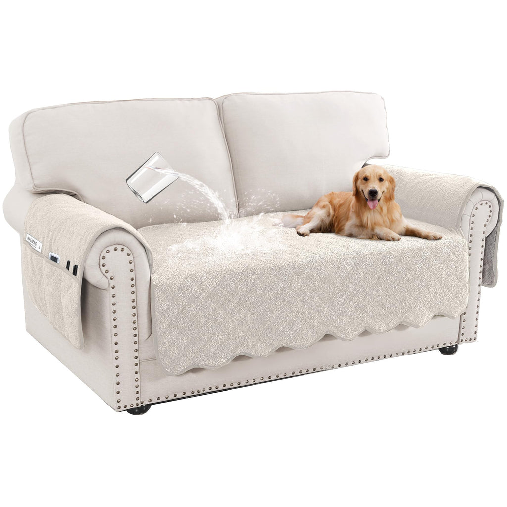 Turquoize Waterproof Loveseat Covers for Pets Dogs Sofa Couch Seat Covers with Side Pocket for 2 Cushion Couch Teddy Fleece Washable Dog Couch Cover Furniture Protector (Loveseat Natural White)
