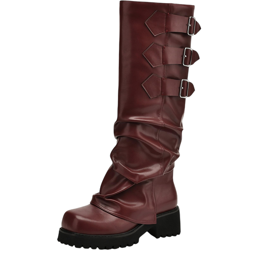 Aiuniind Knee High Boots For Women Fold Over Boots Slouchy Square Toe Biker Boots Platform Riding Boots Gothic Moto Buckle Boots Burgundy 7