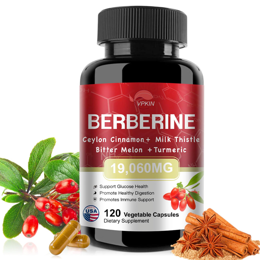 VPKIN Berberine Supplement 19060mgBerberine with Ceylon CinnamonBitter MelonMilk ThistleBerberine HCl Supplement(120 Capsules)