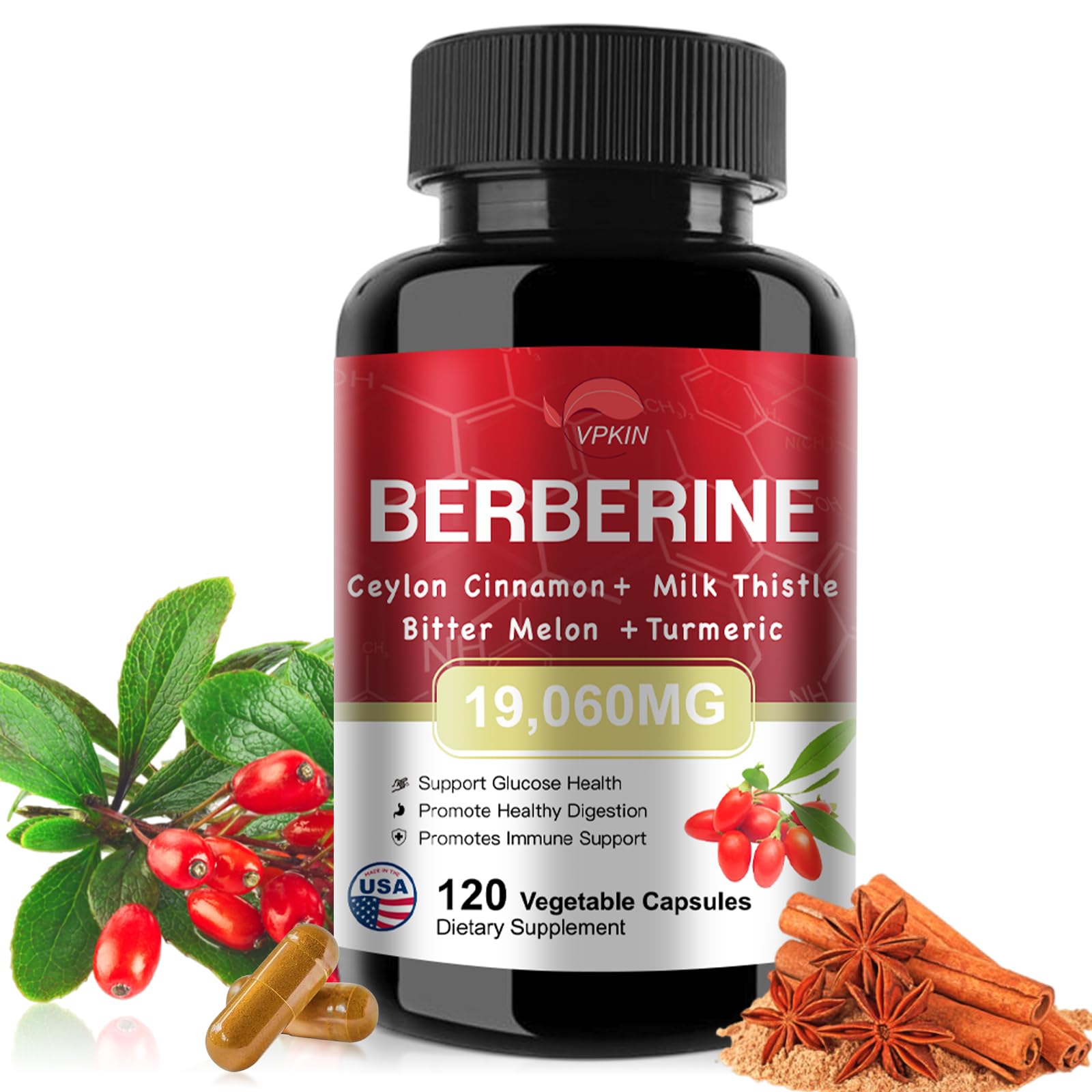 VPKIN Berberine Supplement 19060mgBerberine with Ceylon CinnamonBitter MelonMilk ThistleBerberine HCl Supplement(120 Capsules)