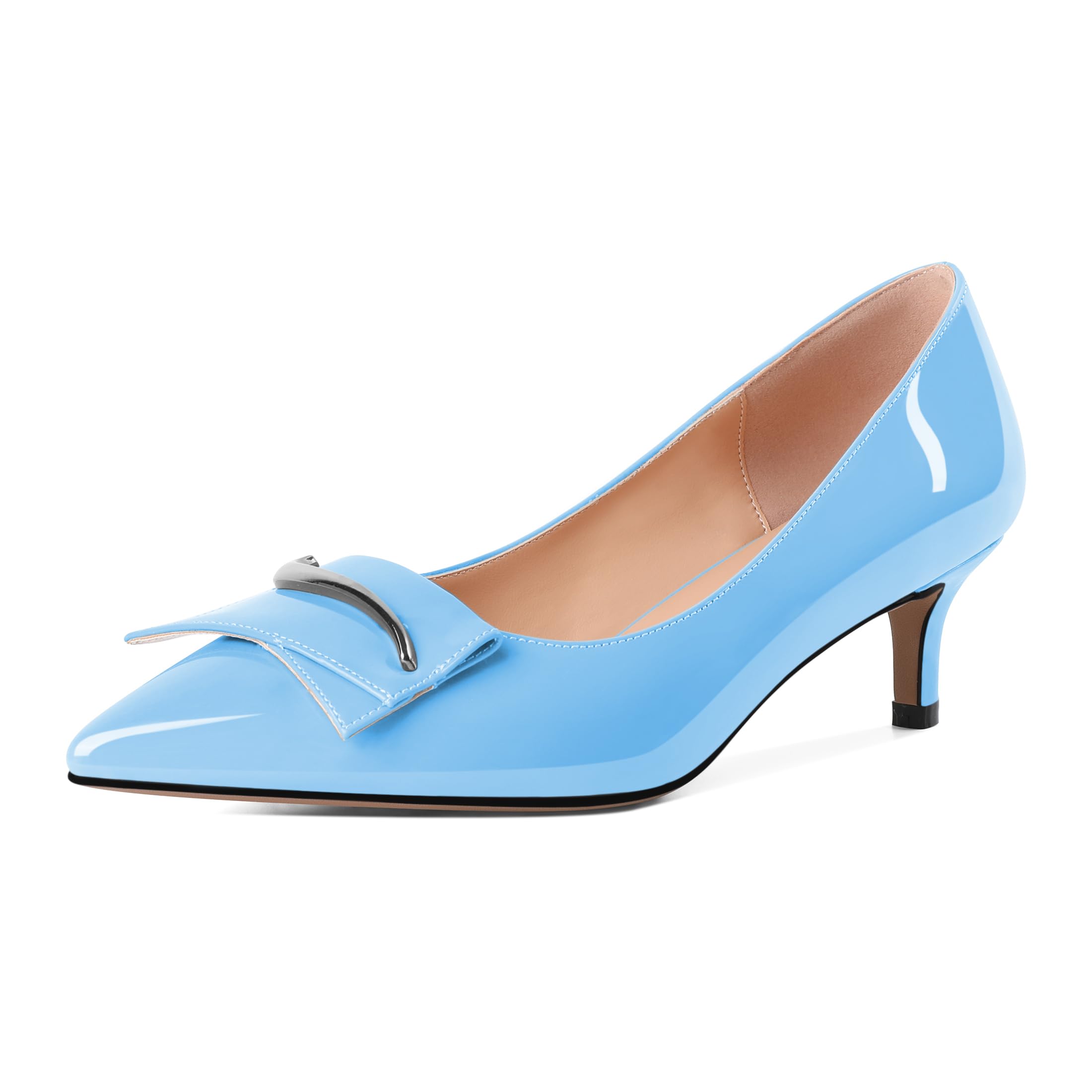 Younton Womens Dressy Light Blue Low Pumps Low Stiletto Shoes Kitten Heels Pointed Toe Pumps Slip On Buckle Pumps Ladies Comfort 2" Dress Shoes Patent Leather Light Blue US Size 10