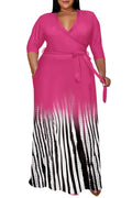 Runwind Plus Size Dresses for Women Gradient Maxi Dress Flowy 3/4 Sleeve with Belt Rose Black Stripe 2X